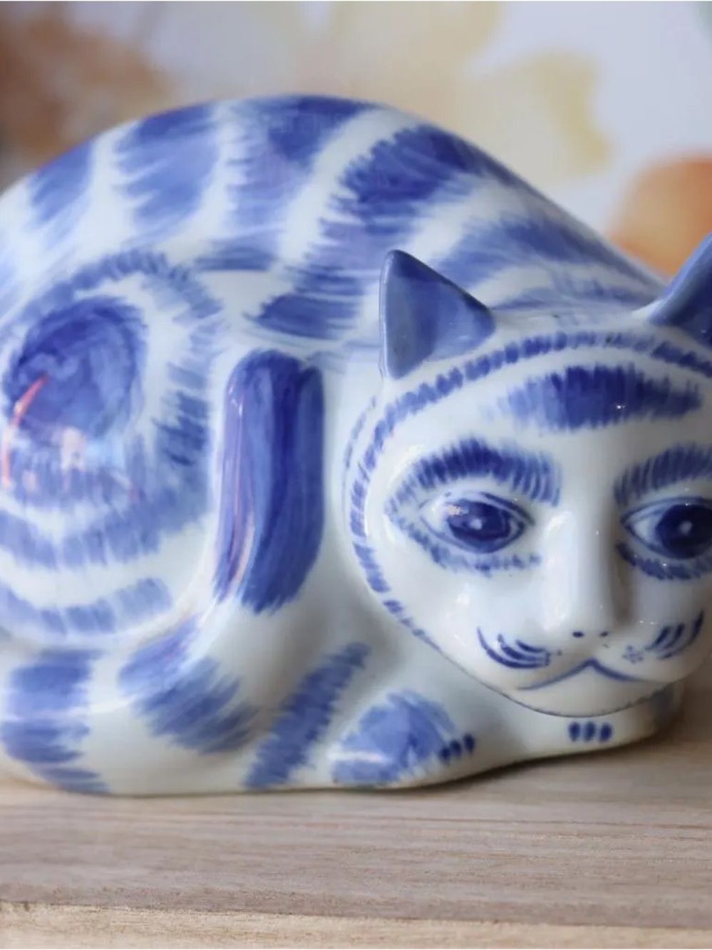 Vintage Blue & White Ceramic Cat Figurine